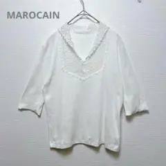【MAROCAIN】カットソー　五分袖　Vネック　襟レース　ホワイト　L