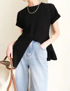 ウエストシェイプTシャツ　 半袖　ブラック　L 着痩せ　細見え　スリットヘム