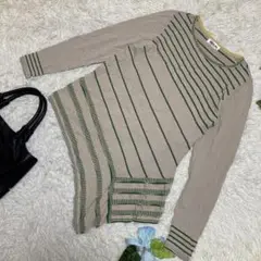 極美品　ヒロコビス　薄手ニット　グリーン　ボーダー　アシンメトリー　9 Mサイズ