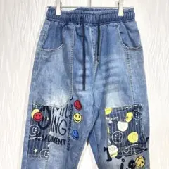 スマイル刺繍 デニムイージーパンツ ポップ柄 M〜L ウエストゴム　ユニセックス