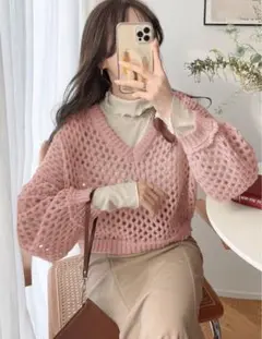 GRL 美品 ピンク ハニカムニット ざっくり メッシュ レイヤード 重ね着
