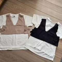 お揃い ペアルック 双子コーデ ベージュ（90）ネイビー（100）トップス