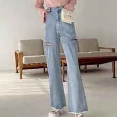 美品　GRL サイドスリットダメージデニムワイドパンツ　gm694