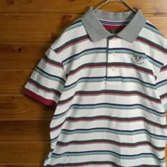 ゴルフ系　ポロシャツ　カラフル　ボーダー　白　緑　赤　グレー　オシャレ　古着