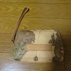 地図柄 ベージュポーチ ゴールドファスナー