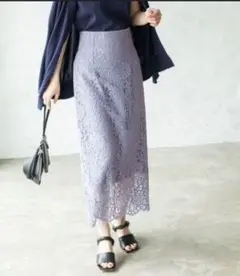 NOBLE レース タイトスカート サックスブルー