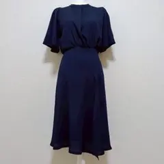 エブバ　半袖ワンピース　フレア袖　モックネック　フレアスカート　ネイビー　紺