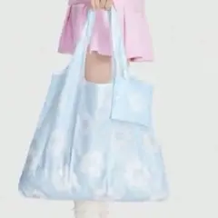【新品未使用】収納ケース付　爽やか水色と白のフラワー柄エコバッグ