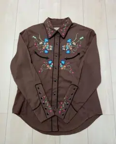 極美品　Scully　花柄刺繍　ウエスタンシャツ　ビジュー　ブラウン　S〜L