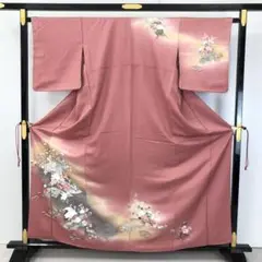 訪問着 御所車 波模様 地紙 鶴 金彩 長春色 KK-1973