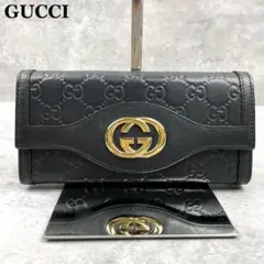 極美品✨GUCCI グッチ 長財布 折り財布 インターロッキング シマレザー 黒