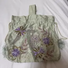 ray beams 刺繍巾着バッグ　ミント