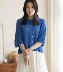 LOWRYSFARM メッシュポロカーディガン ブルー