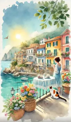 水彩画風｜朝日の港町と三毛猫の癒しアート A4ポスター AI画像