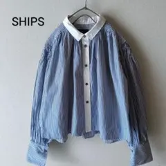 SHIPS ブラウス　ストライプ　ショート　ブルー　ゆったり