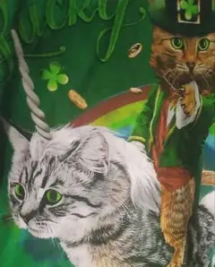 2XL 猫 道化師 動物柄Tシャツ 緑 LUCKY サーカス ファンタジー
