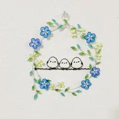 シマエナガとネモフィラリース　ワイヤーアート　ワイヤークラフト