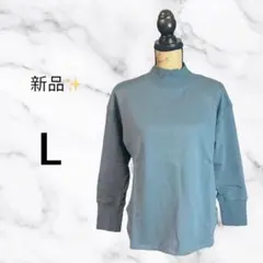 新品✨【ノーブランド】モックネックスウェットシャツ　裏地パイル　くすみブルー　L