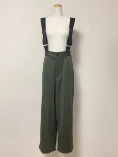 サスペンダーパンツ カーキ L 光沢 ワイドパンツ ハイウエスト サスペンダー