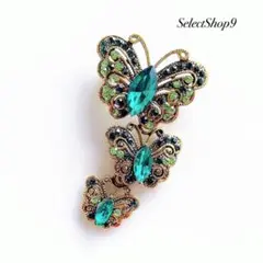 新品未使用品♡ブローチ3連蝶々バタフライグリーンゴールドヴィンテージアンティーク