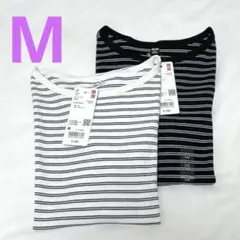 UNIQLO リブボートネックT 5分袖　ボーダー　2枚セット　M