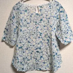 all of meマーガレット花柄 五分袖半袖ブラウス シアード透け綿麻リネン