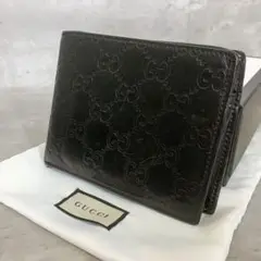 ✨良品✨ グッチ シマ 折り財布 シマ レザー ブラック コンパクト ブラック