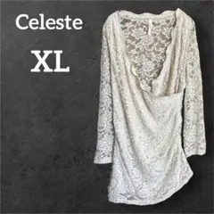 Celeste【XL】アイボリー レースチュニック ドレープネック 七分袖