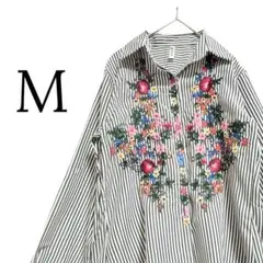 【訳あり大特価】花刺繍 ストライプシャツ 長袖ブラウス モノトーン