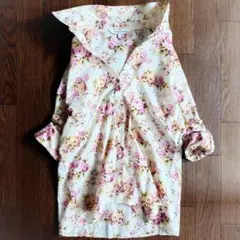 美品【大きいサイズ13】ローラアシュレイ コットン花柄シャツ アイボリー×ピンク