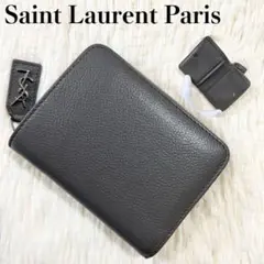 サンローランパリ 二つ折り財布 ラウンドジップ YSLロゴ グレー レザー