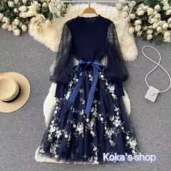 ひざ丈ワンピース ヘップバーン風 Aライン 刺繍 レース メッシュ ドレス