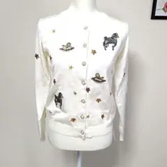 新品未使用 刺繍デザイン ホワイト ニットカーディガン