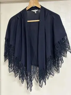 讃美華ケープ　ネイビー レーストリム ショール 11A3