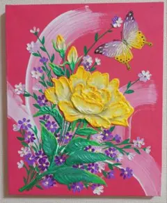 アクリル画　テクスチャーアート　「蝶々と薔薇」F3