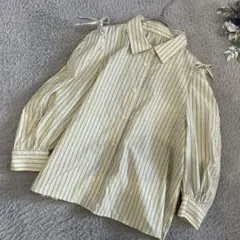 ブラウス　良品　ストライプ　七分袖　ライトイエロー　綿混　M