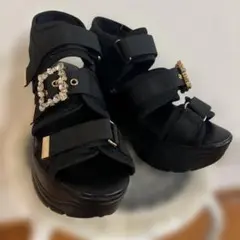 新品　厚底　スポサン　ビジュー　サンダル　バックル　美脚　ブラック　L 匿名配送