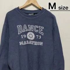 USA古着　スウェット　M　リブ編み　縦線　ダスティブルー　プリント　カレッジ