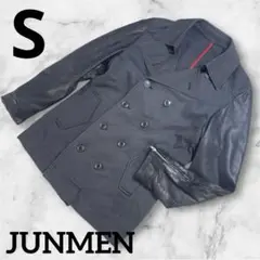 『JUNMEN』ピーコート　袖レザー　コンビ　切替　ブラック　メンズ　ダブル　黒