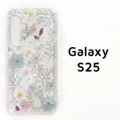 Galaxy S25 ケース クリア 青 花 キラキラ
