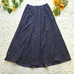 【シネマクラブ】【M】ドット柄 ロングフレアスカート ネイビー ウエスト総ゴム