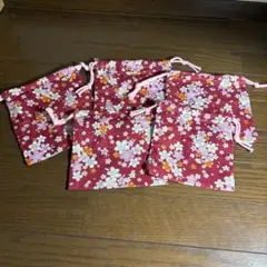 ハンドメイド　紅色　巾着　5点セット
