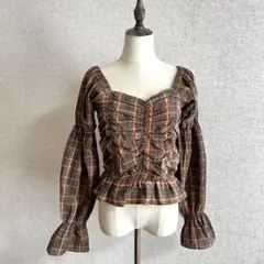 Heather【新品タグ付き】ブラウン系チェック　シャーリングフリルブラウス F