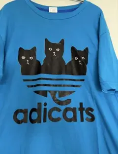 adicats 猫プリント パロディ Tシャツ 青