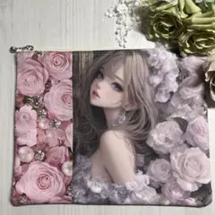 パネルポーチ　綺麗な薔薇と女の子　20c ピンク