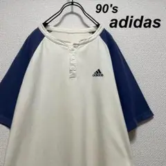 90s アディダス ヘンリーネックTシャツ ネイビー × アイボリー 万国旗タグ