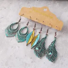 【在庫僅か】ピアス　ターコイズ　ブロンズ　セット　葉　ヴィンテージ　インディアン