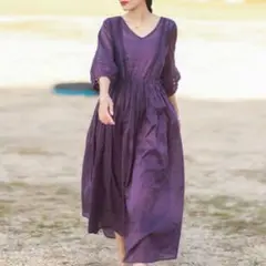 マキシワンピース　ボリューム袖　レース　レトロ　体型カバー　大人可愛い　韓国