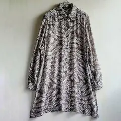 シフォン ブラウスジャケット 長袖 グレー系 貝ボタン 葉柄プリント 日本製