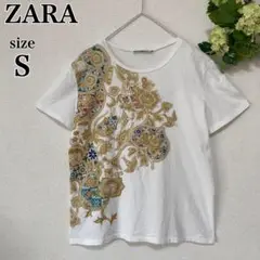 ZARAザラ エスニックプリント Tシャツ 半袖カットソー クルーネック S 白